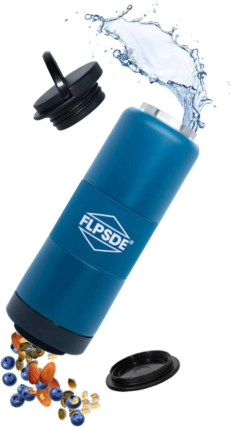 FLPSDE Dual Chamber Water Bottle with Integrated Storage Compartment for Snacks and More - Stainless Steel, Vacuum Insulated - 2 in 1 Container for Travel, School, Hiking, Sports, Work, Office, Gift