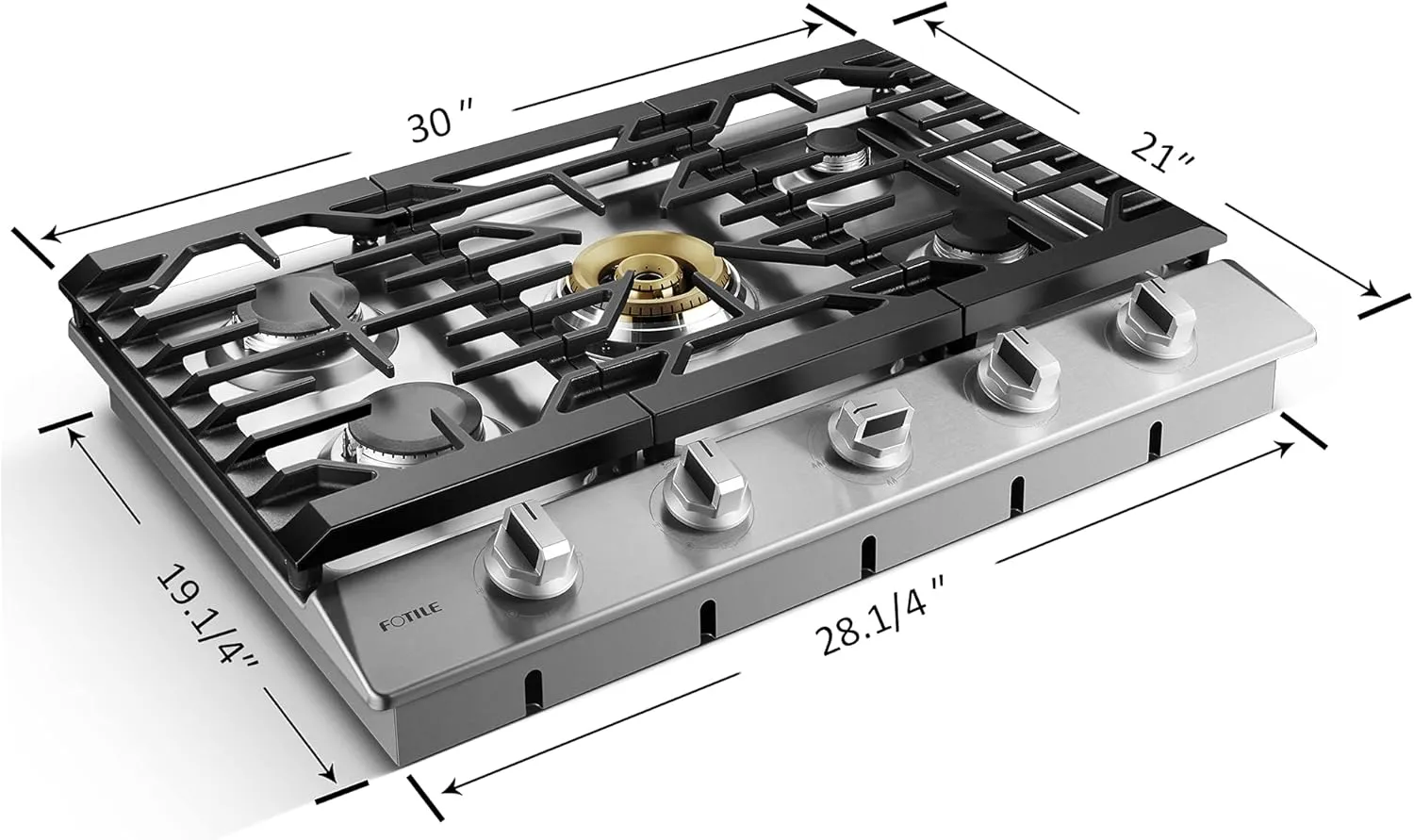FOTILE GLS30501 30” Stainless Steel 5-Burner Gas Cooktop, Tri-Ring 22,000 BTUs Center Burner with Flame Failure Protection Removable Grates and Installation/LP Kit