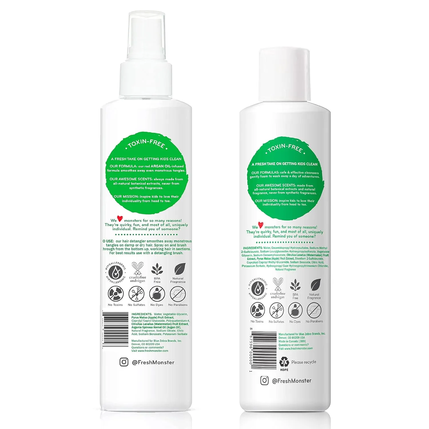 Fresh Monster Kids Hair Detangler Spray & 2-in-1 Shampoo & Conditioner Combo, Toxin-Free, Hypoallergenic & Natural, Watermelon (8.5 oz Detangler & 8.5 oz 2-in-1 Shampoo & Conditioner)