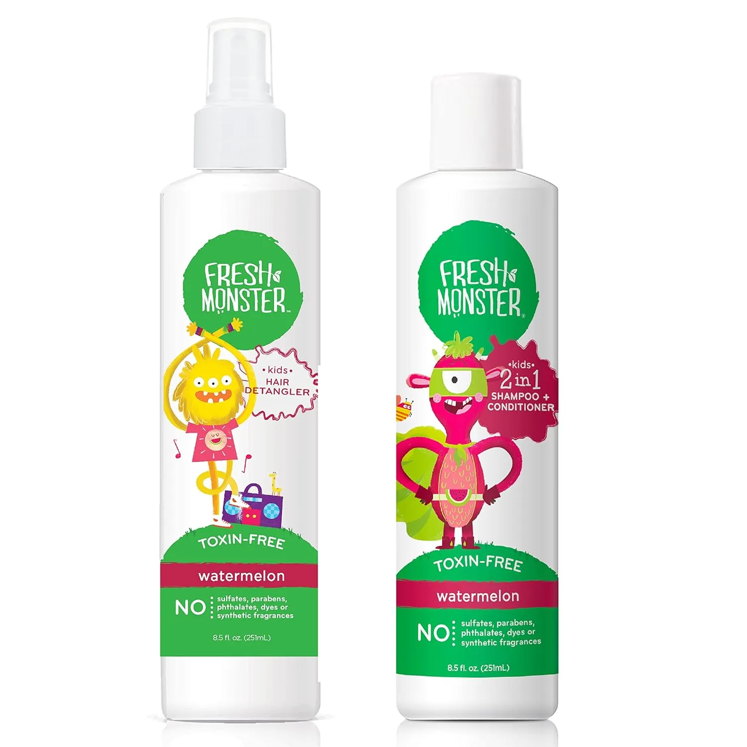 Fresh Monster Kids Hair Detangler Spray & 2-in-1 Shampoo & Conditioner Combo, Toxin-Free, Hypoallergenic & Natural, Watermelon (8.5 oz Detangler & 8.5 oz 2-in-1 Shampoo & Conditioner)