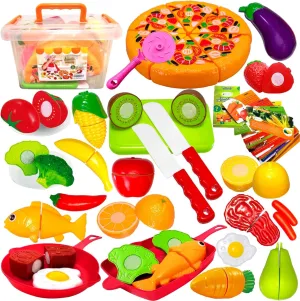 FUNERICA Play Kitchen Cutting Food Toys for Kids - Pretend Cutting Fruits, Vegetables, Cuttable Pizza Pie, Poultry and Fish, Toddler Play Kitchen Accessories with Pots and Utensils