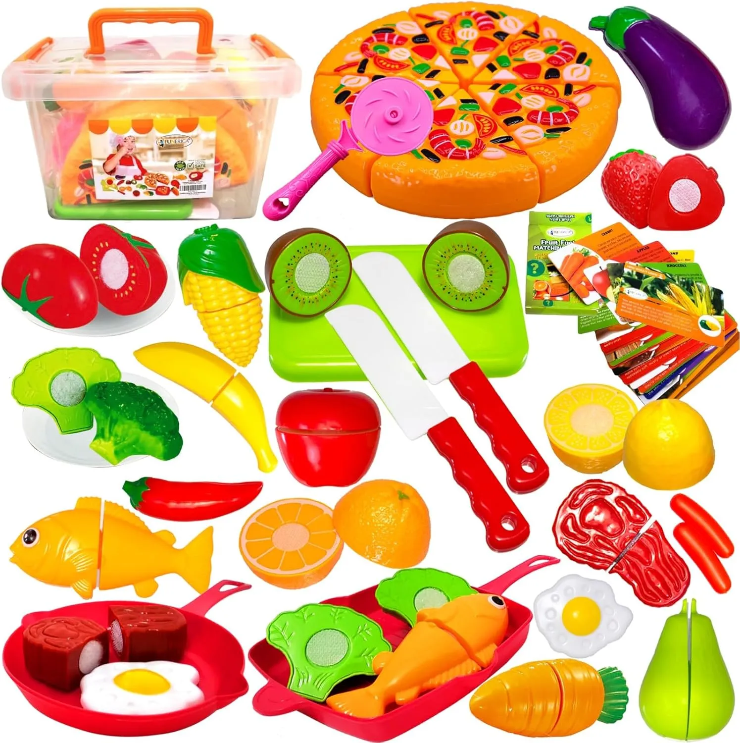 FUNERICA Play Kitchen Cutting Food Toys for Kids - Pretend Cutting Fruits, Vegetables, Cuttable Pizza Pie, Poultry and Fish, Toddler Play Kitchen Accessories with Pots and Utensils