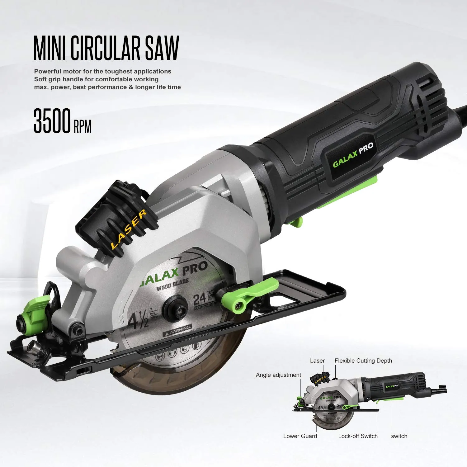 GALAX PRO 4Amp 3500RPM Circular Saw with Laser Guide, Max. Cutting Depth1-11/16"(90°), 1-1/8"(45°）Compact Saw with 4-1/2" 24T TCT Blade, Vacuum
