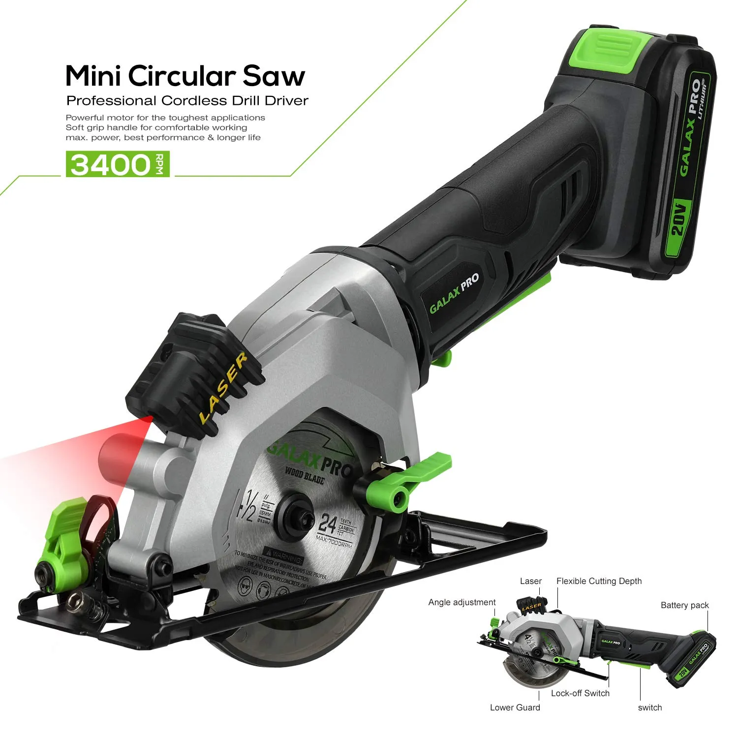 GALAX PRO Mini Circular Saw, DC20V 4-1/2" Cordless Circular Saw with 2.0Ah battery, Laser Guide, Rip Guide, 2 Pcs Blades(24T  60T), 3400RPM, Max Cutting Depth 1-11/16"(90°), 1-1/8"(45°)