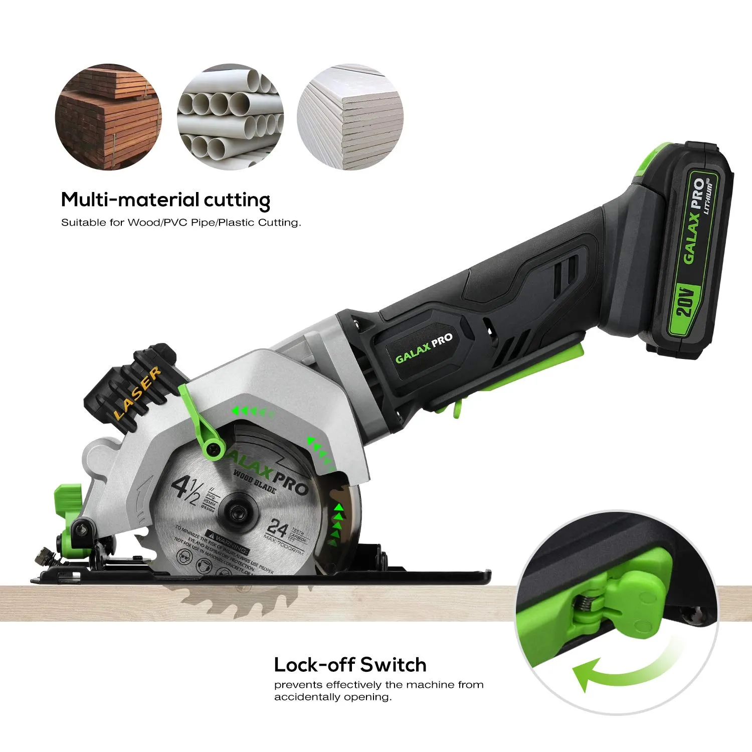 GALAX PRO Mini Circular Saw, DC20V 4-1/2" Cordless Circular Saw with 2.0Ah battery, Laser Guide, Rip Guide, 2 Pcs Blades(24T  60T), 3400RPM, Max Cutting Depth 1-11/16"(90°), 1-1/8"(45°)