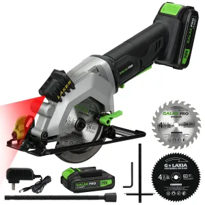 GALAX PRO Mini Circular Saw, DC20V 4-1/2" Cordless Circular Saw with 2.0Ah battery, Laser Guide, Rip Guide, 2 Pcs Blades(24T  60T), 3400RPM, Max Cutting Depth 1-11/16"(90°), 1-1/8"(45°)