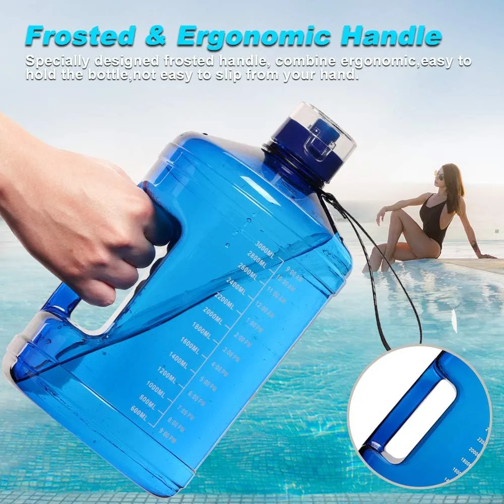 Gallon Big Water Bottle with Handle, 128oz Leakproof BPA Free Fitness Sports Water Bottle with Motivational Time Marker & Wide Mouth Ensure You Drink More Water