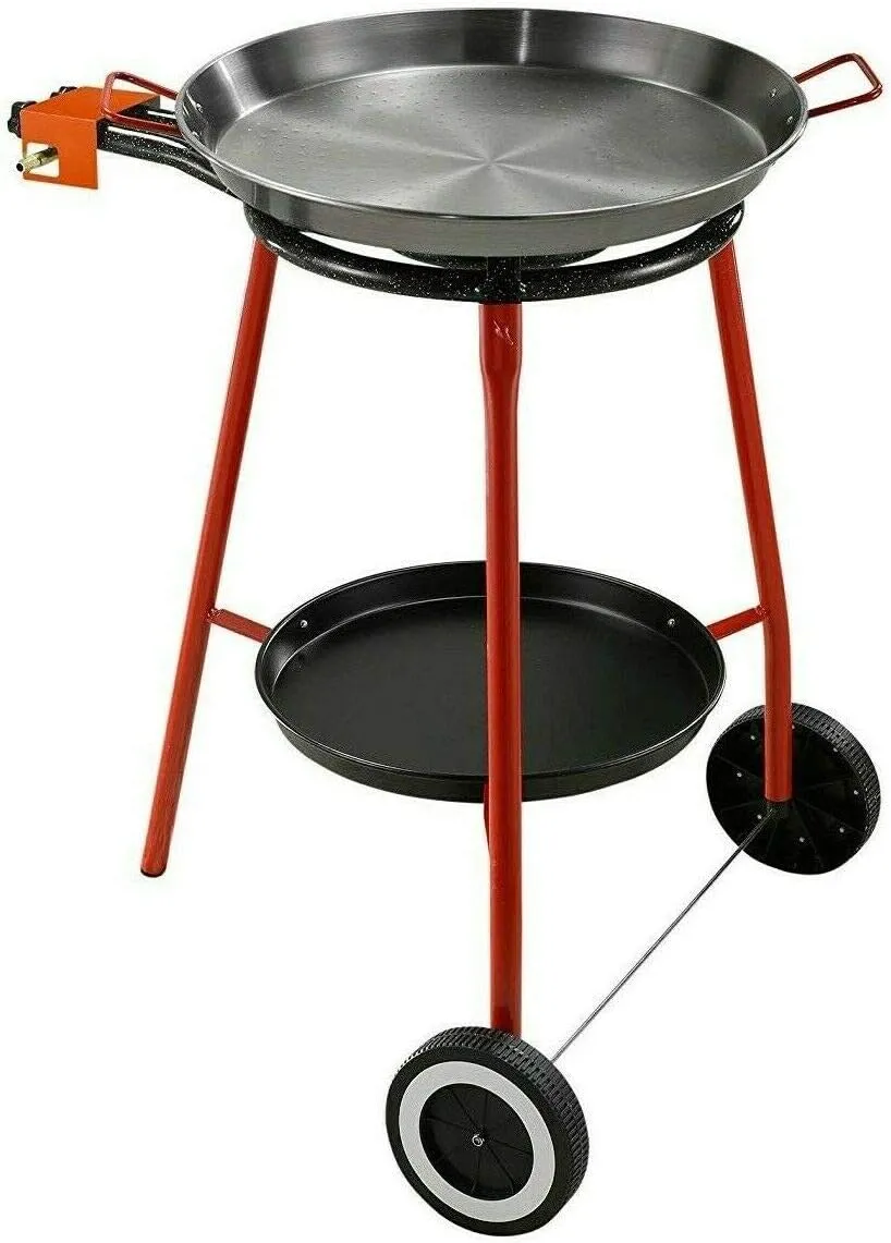 Garcima Andreu Paella Pan Set with Burner, 18 Inch Carbon Steel Outdoor Pan and Reinforced Legs Imported from Spain (12 Servings w/wheels)