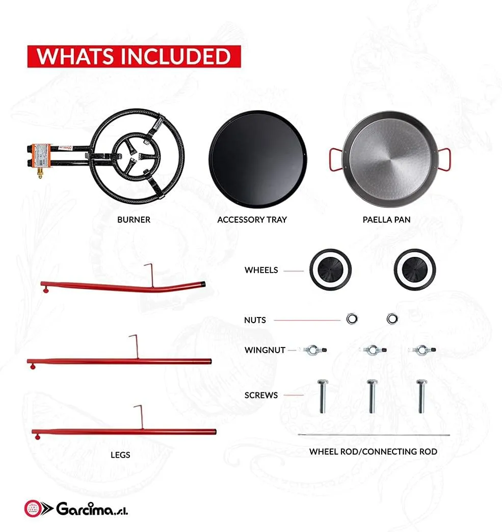 Garcima Andreu Paella Pan Set with Burner, 18 Inch Carbon Steel Outdoor Pan and Reinforced Legs Imported from Spain (12 Servings w/wheels)