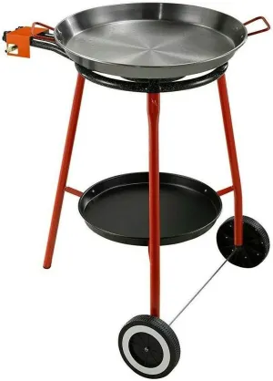 Garcima Andreu Paella Pan Set with Burner, 18 Inch Carbon Steel Outdoor Pan and Reinforced Legs Imported from Spain (12 Servings w/wheels)