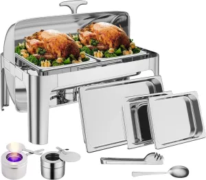 Garvee 9QT Roll Top Round Chafing Dish Stainless Steel 1 Full Pan & 2 Half Pan Classic Buffet Chafer [at Least 8 People]