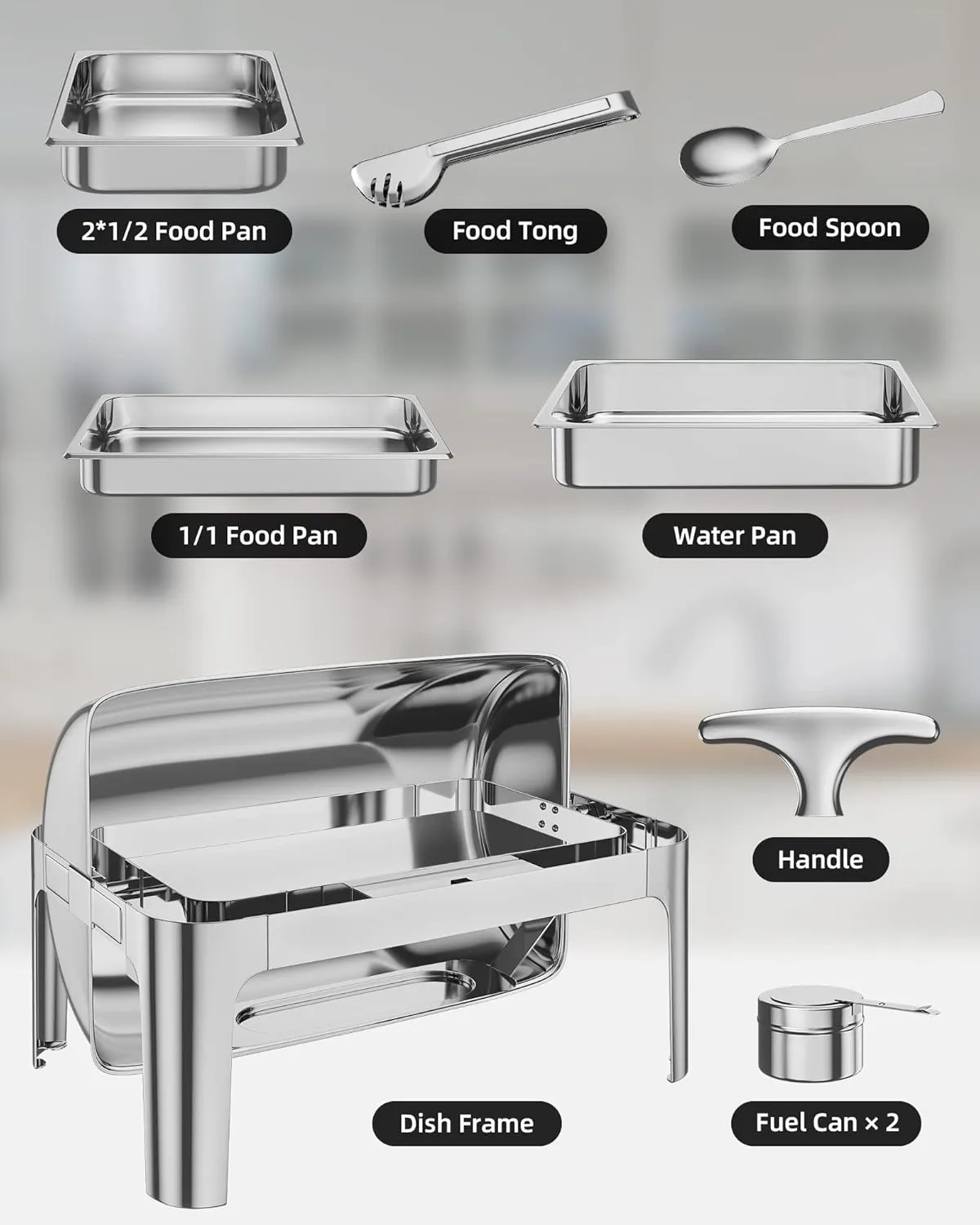 Garvee 9QT Roll Top Round Chafing Dish Stainless Steel 1 Full Pan & 2 Half Pan Classic Buffet Chafer [at Least 8 People]