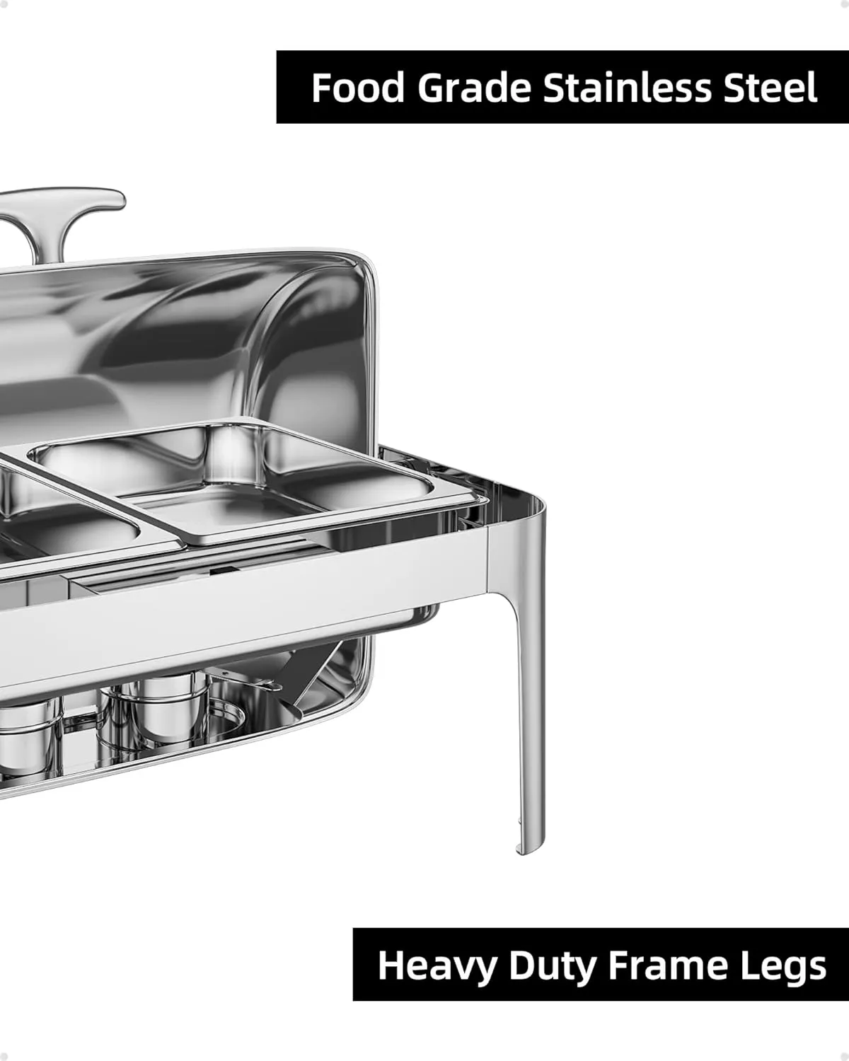 Garvee 9QT Roll Top Round Chafing Dish Stainless Steel 1 Full Pan & 2 Half Pan Classic Buffet Chafer [at Least 8 People]