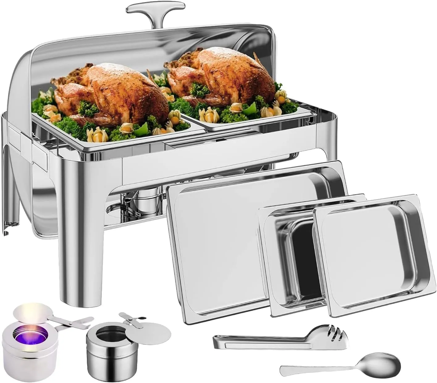 Garvee 9QT Roll Top Round Chafing Dish Stainless Steel 1 Full Pan & 2 Half Pan Classic Buffet Chafer [at Least 8 People]