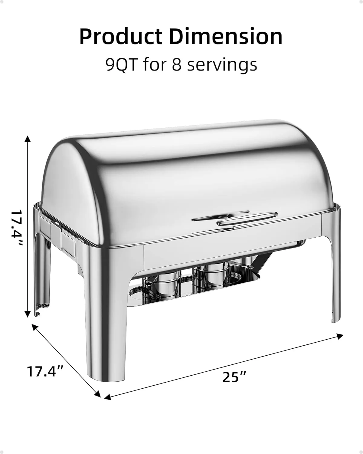 Garvee 9QT Roll Top Round Chafing Dish Stainless Steel 1 Full Pan & 2 Half Pan Classic Buffet Chafer [at Least 8 People]