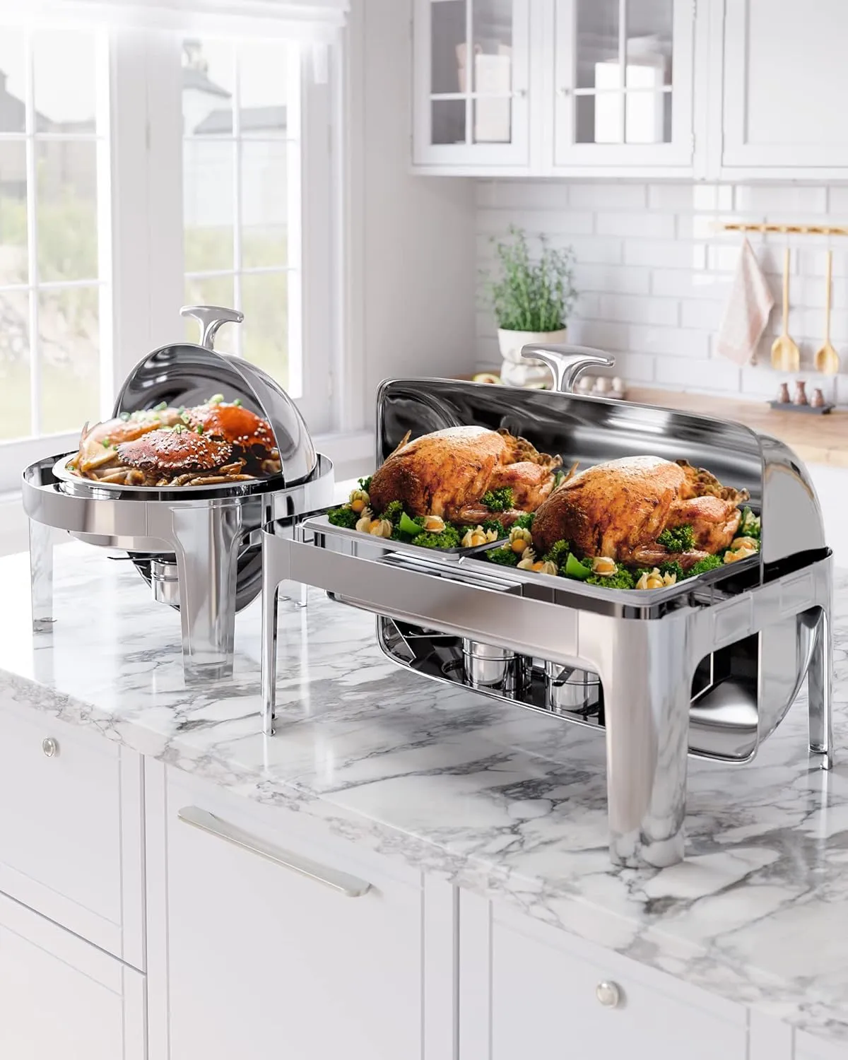 Garvee 9QT Roll Top Round Chafing Dish Stainless Steel 1 Full Pan & 2 Half Pan Classic Buffet Chafer [at Least 8 People]