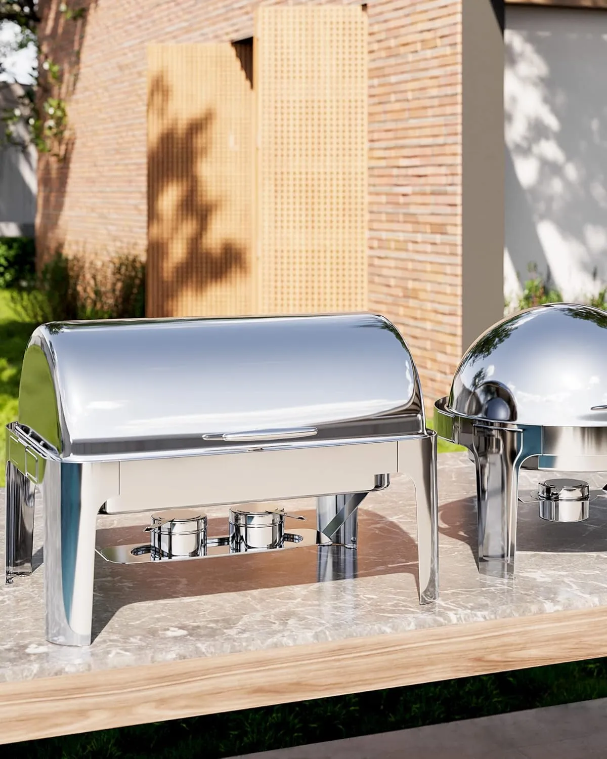 Garvee 9QT Roll Top Round Chafing Dish Stainless Steel 1 Full Pan & 2 Half Pan Classic Buffet Chafer [at Least 8 People]