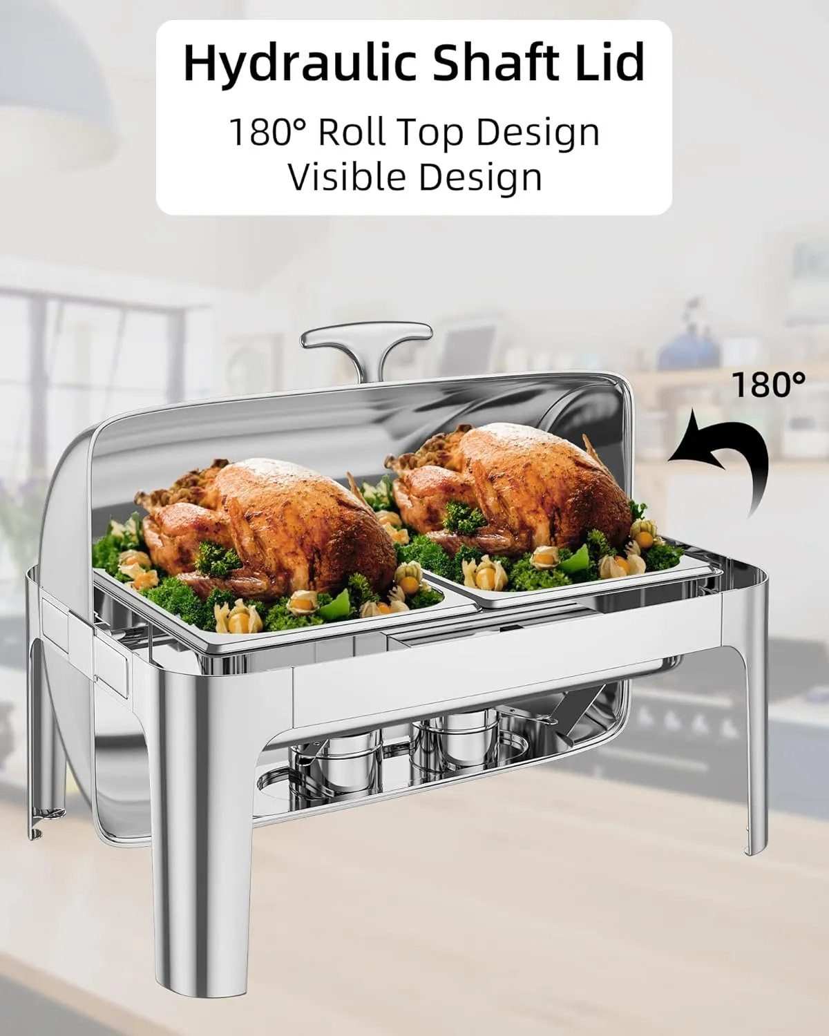 Garvee 9QT Roll Top Round Chafing Dish Stainless Steel 1 Full Pan & 2 Half Pan Classic Buffet Chafer [at Least 8 People]