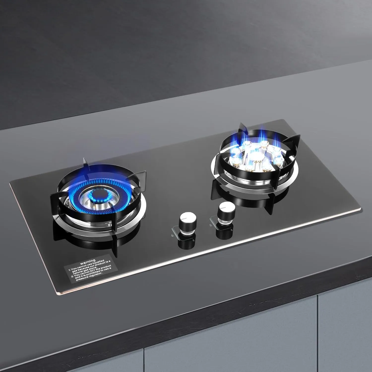 Gas Cooktop 2 Burners Tempered Glass Gas Stoves 4.2KW (L)   5.2KW (R) Built-in Gas Stove Kitchen High Efficiency Powerful Cooking Burners for Home Apartment Black, Easy to Clean