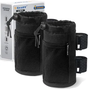 GEARV 2Pack Cup Holder for Bike, Scooter and Wheelchair, Water Bottle Holder for UTV/ATV, Walker, Golf Cart and Beach, Universal Drink Holder Accessories with Net Pocket and Cord Lock (Black)