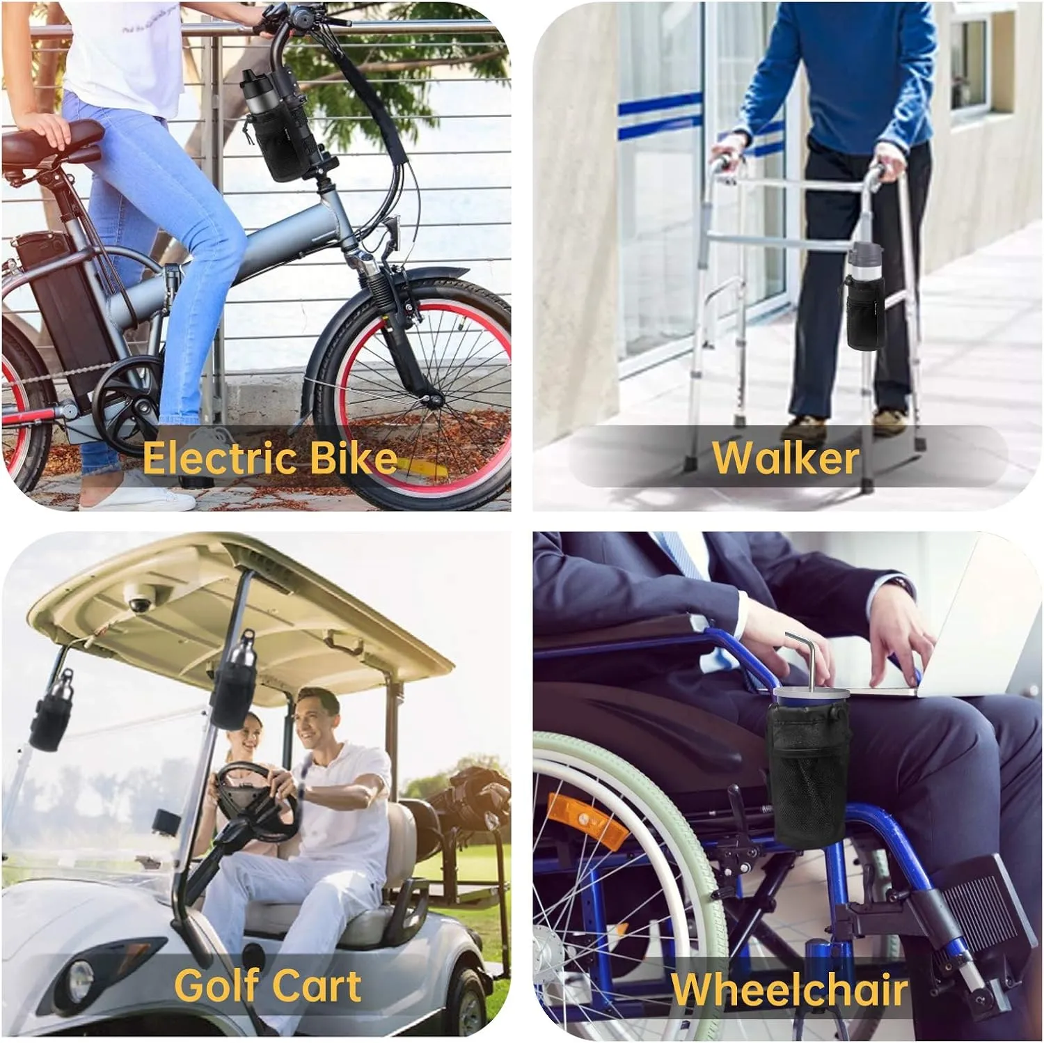 GEARV 2Pack Cup Holder for Bike, Scooter and Wheelchair, Water Bottle Holder for UTV/ATV, Walker, Golf Cart and Beach, Universal Drink Holder Accessories with Net Pocket and Cord Lock (Black)