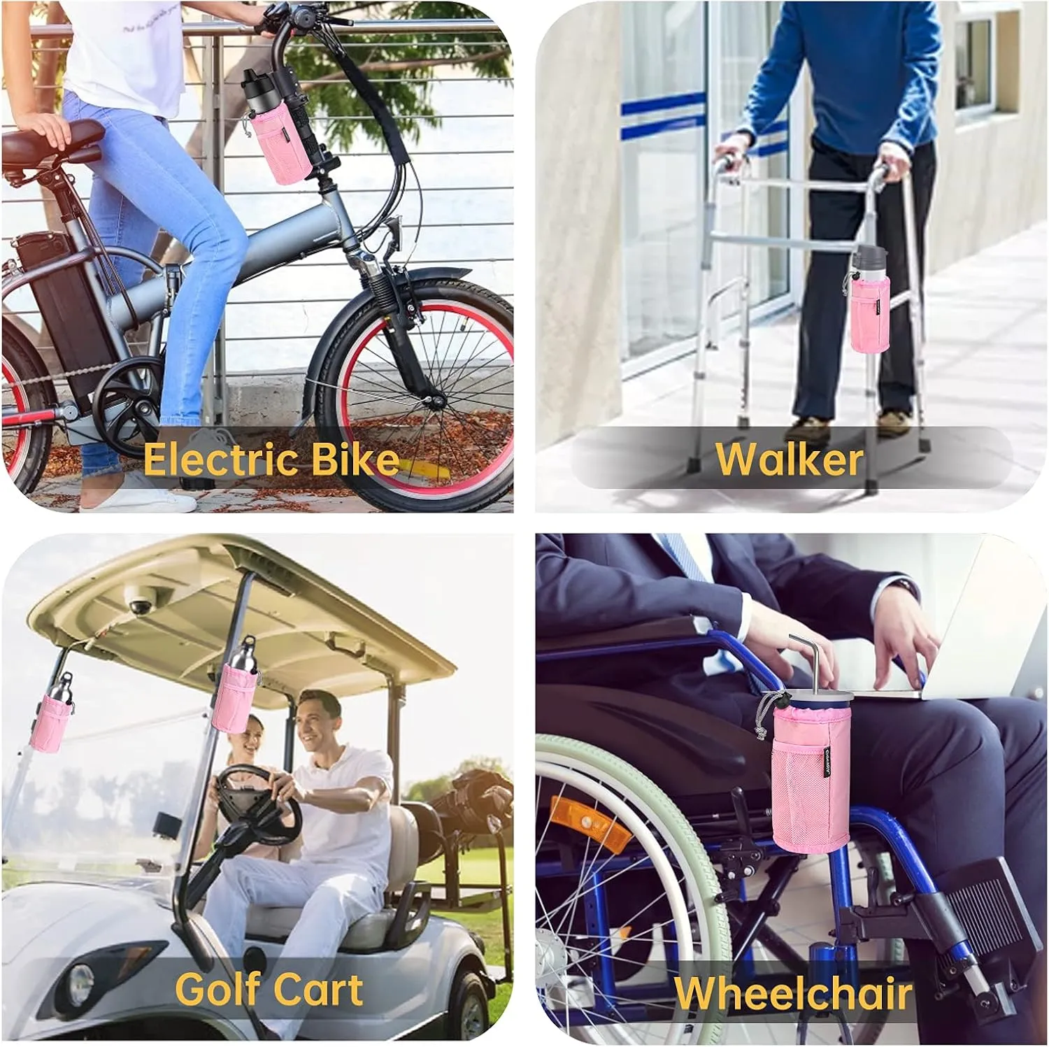 GEARV 2Pack Cup Holder for Bike, Scooter and Wheelchair, Water Bottle Holder for UTV/ATV, Walker, Golf Cart and Beach, Universal Drink Holder Accessories with Net Pocket and Cord Lock (Pink)
