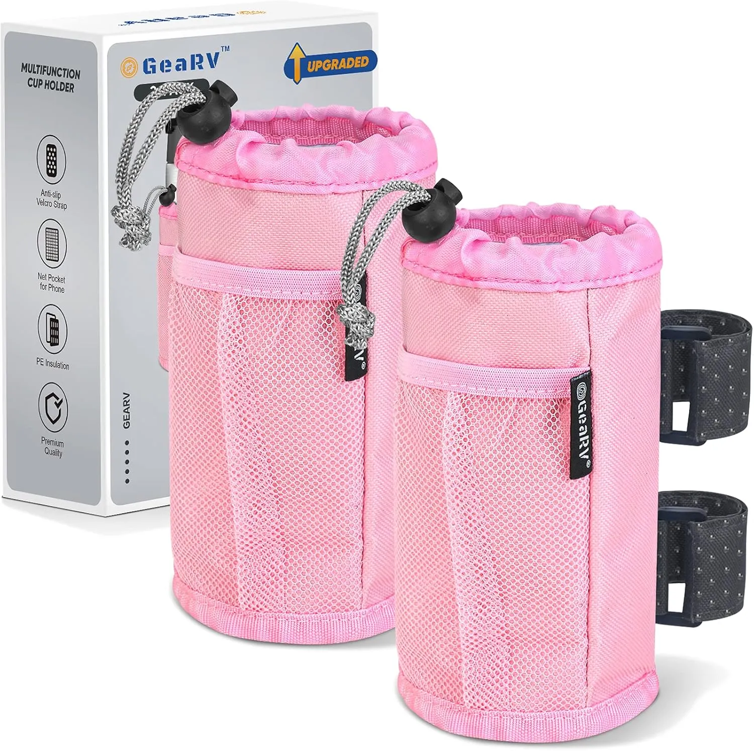 GEARV 2Pack Cup Holder for Bike, Scooter and Wheelchair, Water Bottle Holder for UTV/ATV, Walker, Golf Cart and Beach, Universal Drink Holder Accessories with Net Pocket and Cord Lock (Pink)