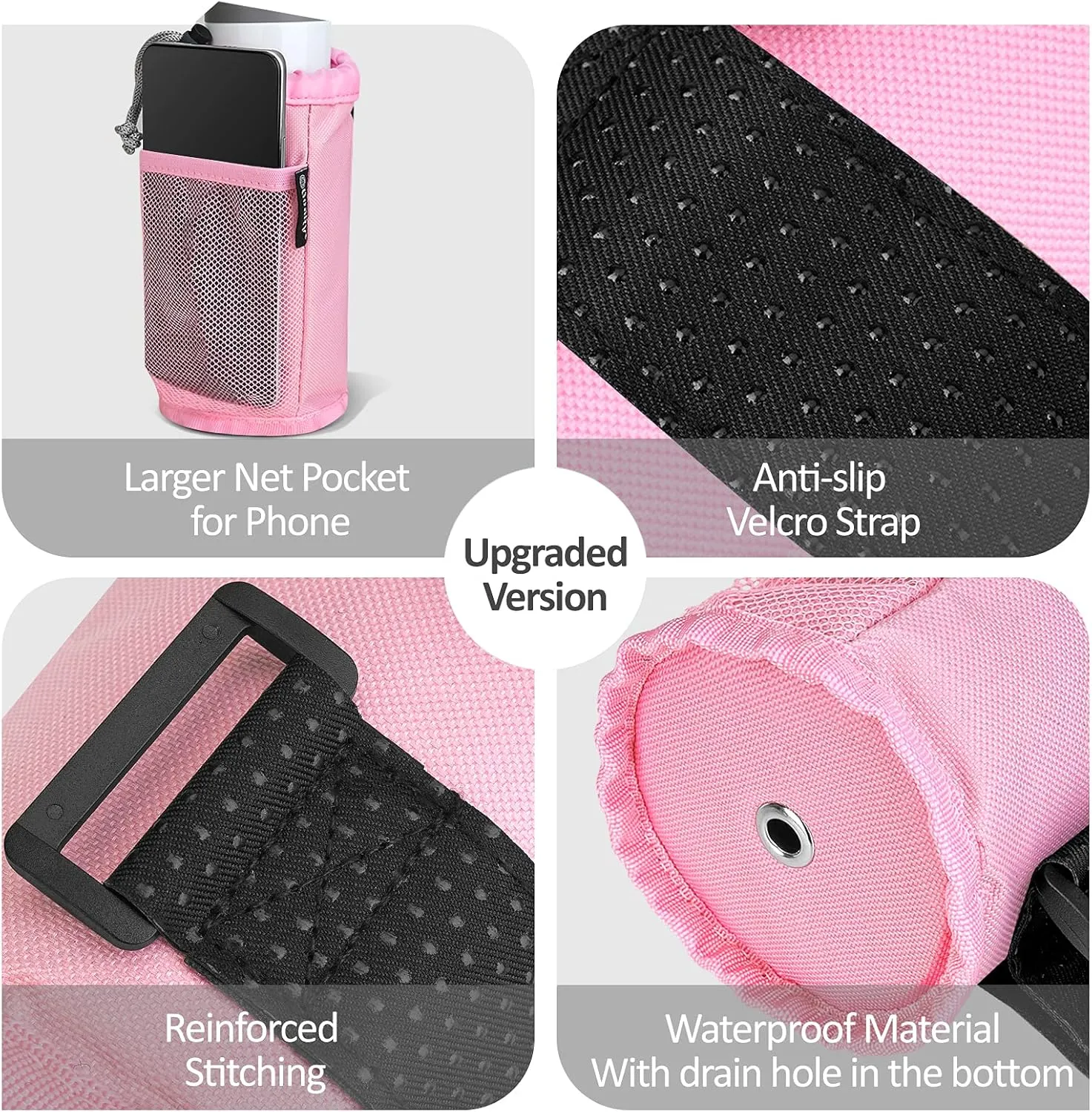 GEARV 2Pack Cup Holder for Bike, Scooter and Wheelchair, Water Bottle Holder for UTV/ATV, Walker, Golf Cart and Beach, Universal Drink Holder Accessories with Net Pocket and Cord Lock (Pink)