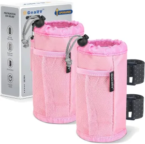 GEARV 2Pack Cup Holder for Bike, Scooter and Wheelchair, Water Bottle Holder for UTV/ATV, Walker, Golf Cart and Beach, Universal Drink Holder Accessories with Net Pocket and Cord Lock (Pink)