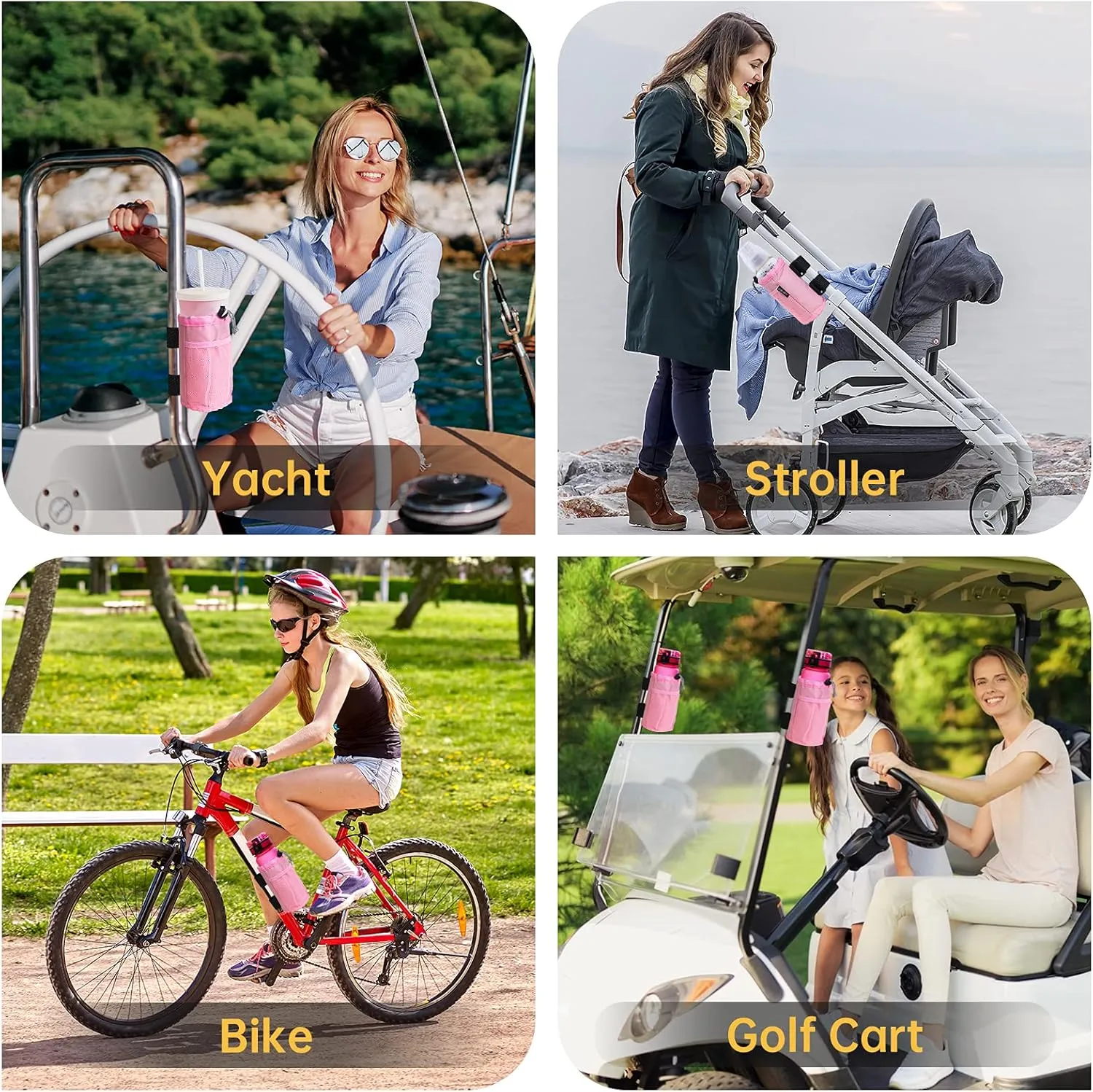 GEARV 2Pack Cup Holder for Bike, Scooter and Wheelchair, Water Bottle Holder for UTV/ATV, Walker, Golf Cart and Beach, Universal Drink Holder Accessories with Net Pocket and Cord Lock (Pink)