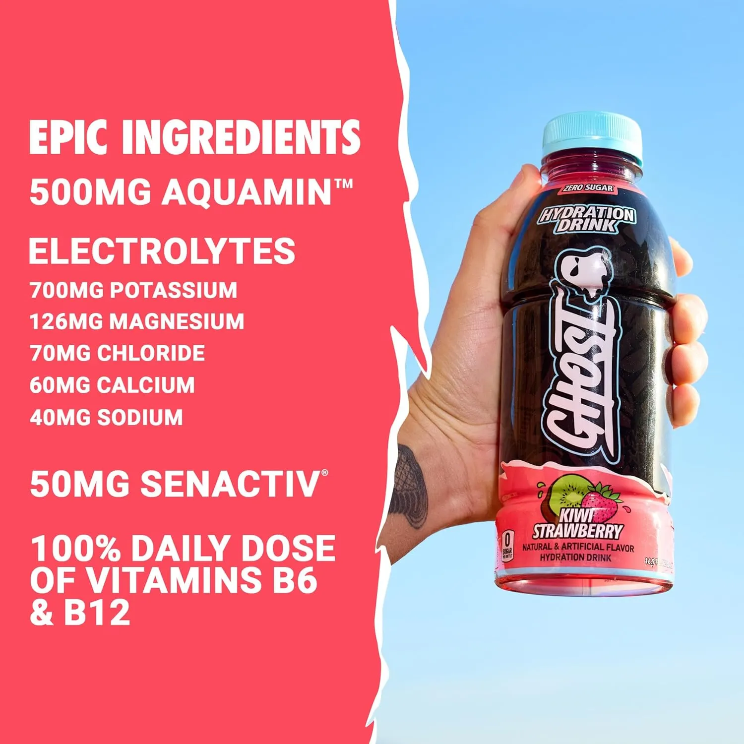 GHOST Hydration Drink, Kiwi Strawberry- RTD Sports Drink with Electrolytes, Natural Vitamins & Minerals - All Day Lifestyle Hydration Beverage - Zero Caffeine & Zero Sugars - 16.9 Fl Oz, 12 Pack