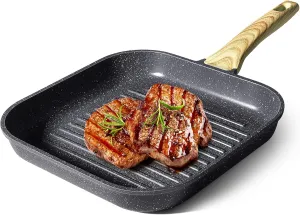 GiPP Nonstick Grill Pan for Stove Tops - 11 Inch Square Grilling Pan for Indoor Cooking & Outdoor Grilling, Non Stick Granite Grill Skillet Steak Pan, PFOA Free (Grey)