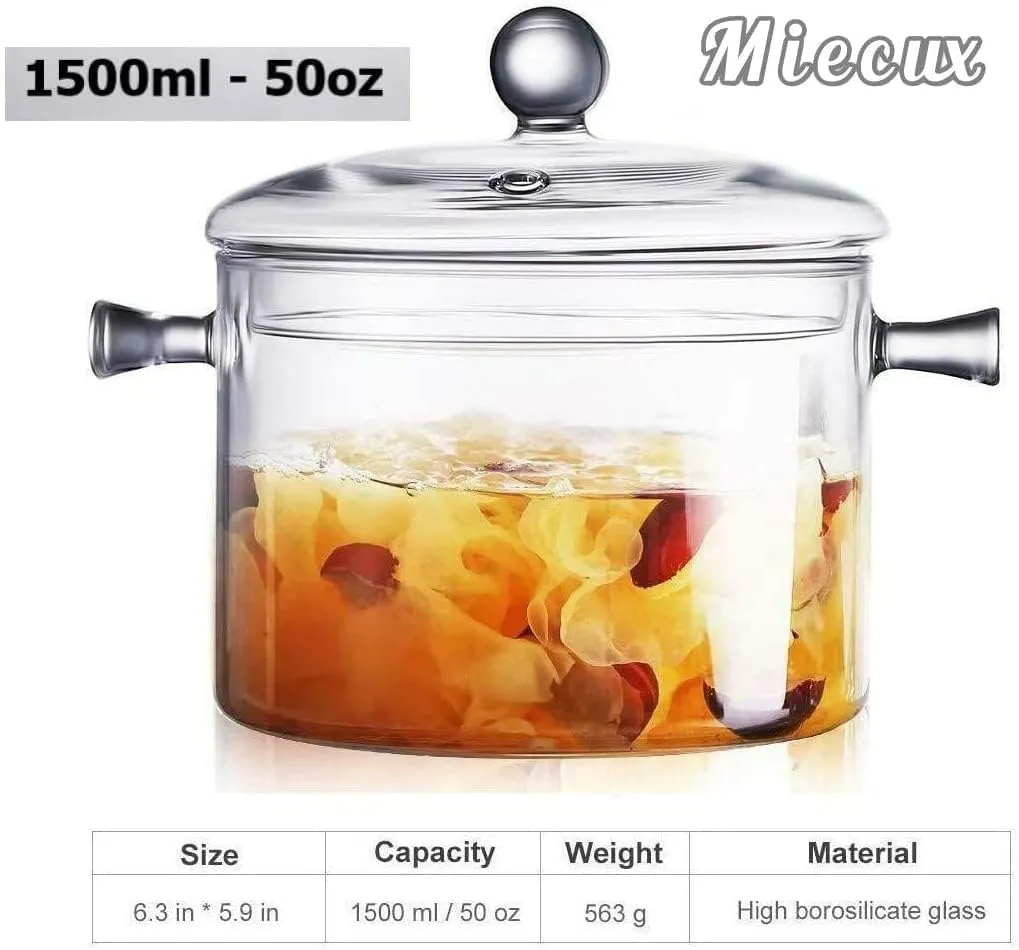 Glass Cooking Pot - 2L/67oz Glass Saucepan Heat-Resistant Borosilicate Glass Handmade Cookware Set stovetop Pot - Safe for Pasta Noodle, Soup, Milk, Tea,salad (2L/67OZ)