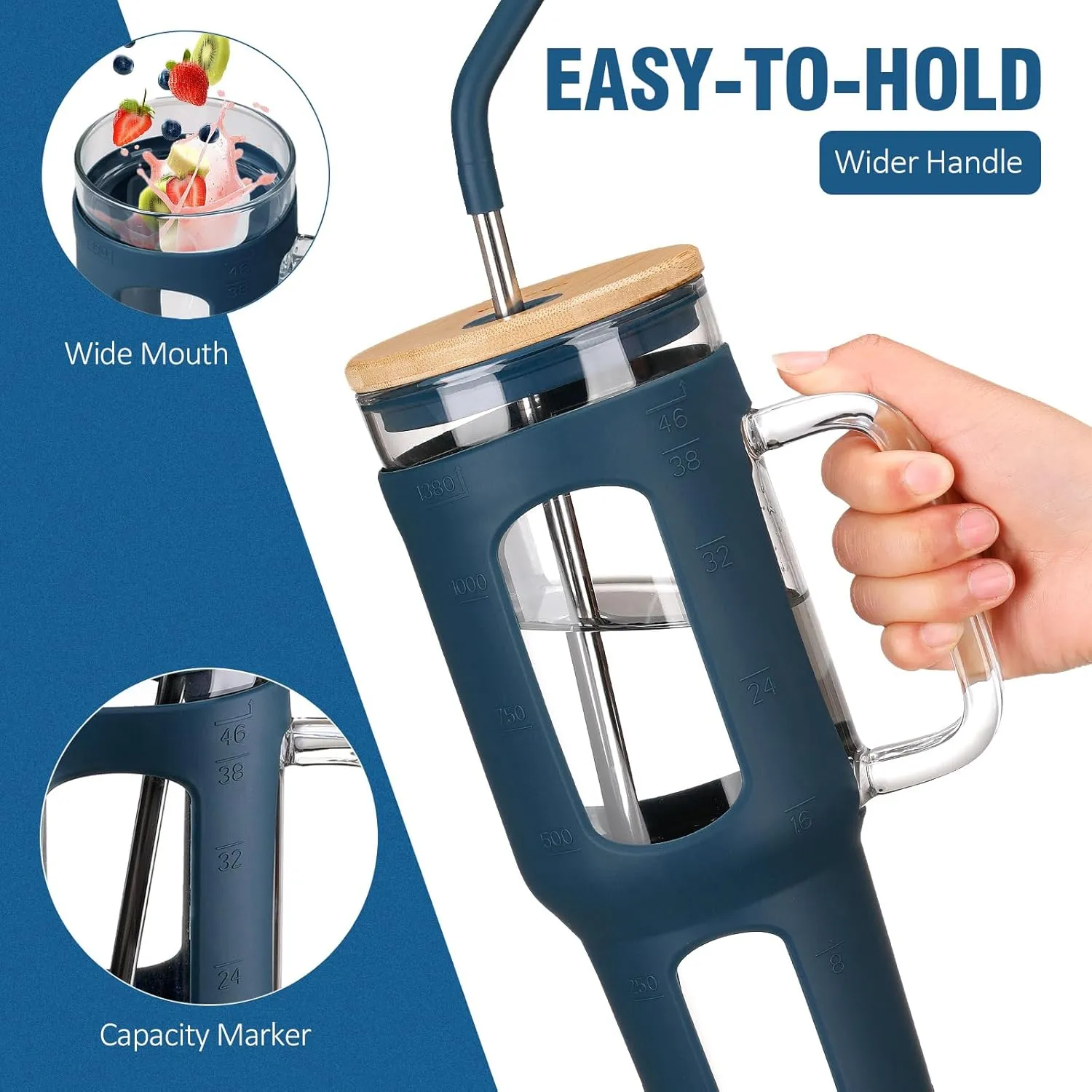 Glass Tumbler with Lid and Straw, 46 oz Iced Coffee Cup with Handle, Glass Water Bottles with Silicone Sleeve, Glass Cup with Straws - Pearl Straw & Drinking Straw BPA Free-Blue
