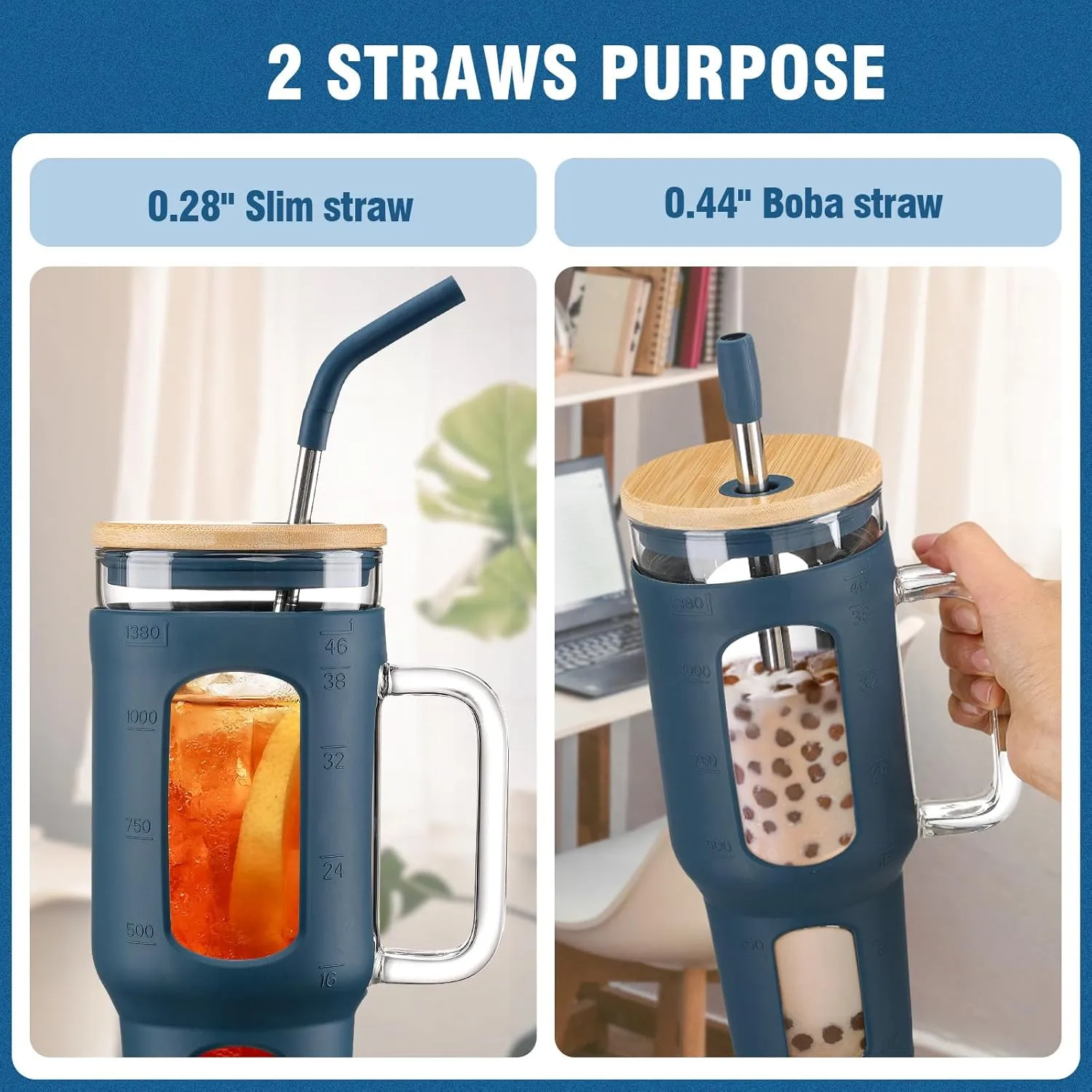 Glass Tumbler with Lid and Straw, 46 oz Iced Coffee Cup with Handle, Glass Water Bottles with Silicone Sleeve, Glass Cup with Straws - Pearl Straw & Drinking Straw BPA Free-Blue