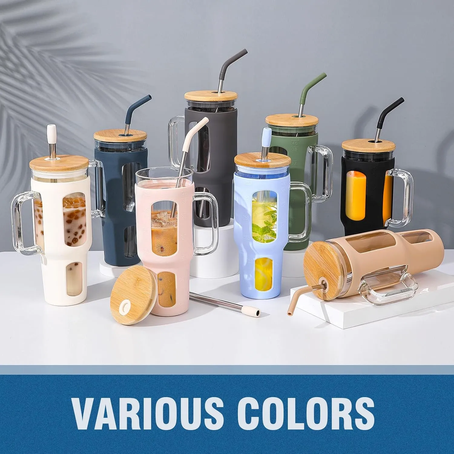 Glass Tumbler with Lid and Straw, 46 oz Iced Coffee Cup with Handle, Glass Water Bottles with Silicone Sleeve, Glass Cup with Straws - Pearl Straw & Drinking Straw BPA Free-Blue