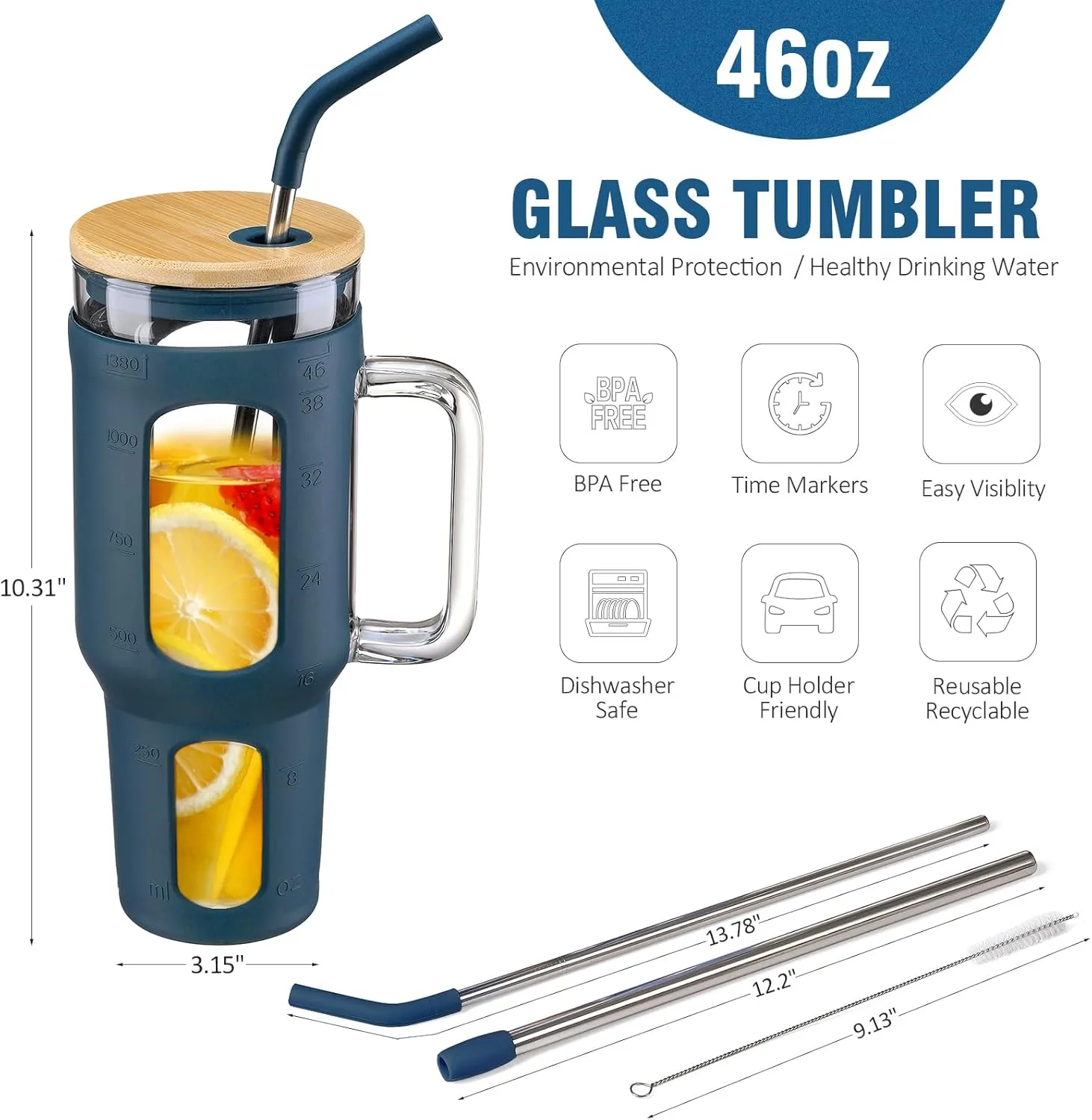 Glass Tumbler with Lid and Straw, 46 oz Iced Coffee Cup with Handle, Glass Water Bottles with Silicone Sleeve, Glass Cup with Straws - Pearl Straw & Drinking Straw BPA Free-Blue