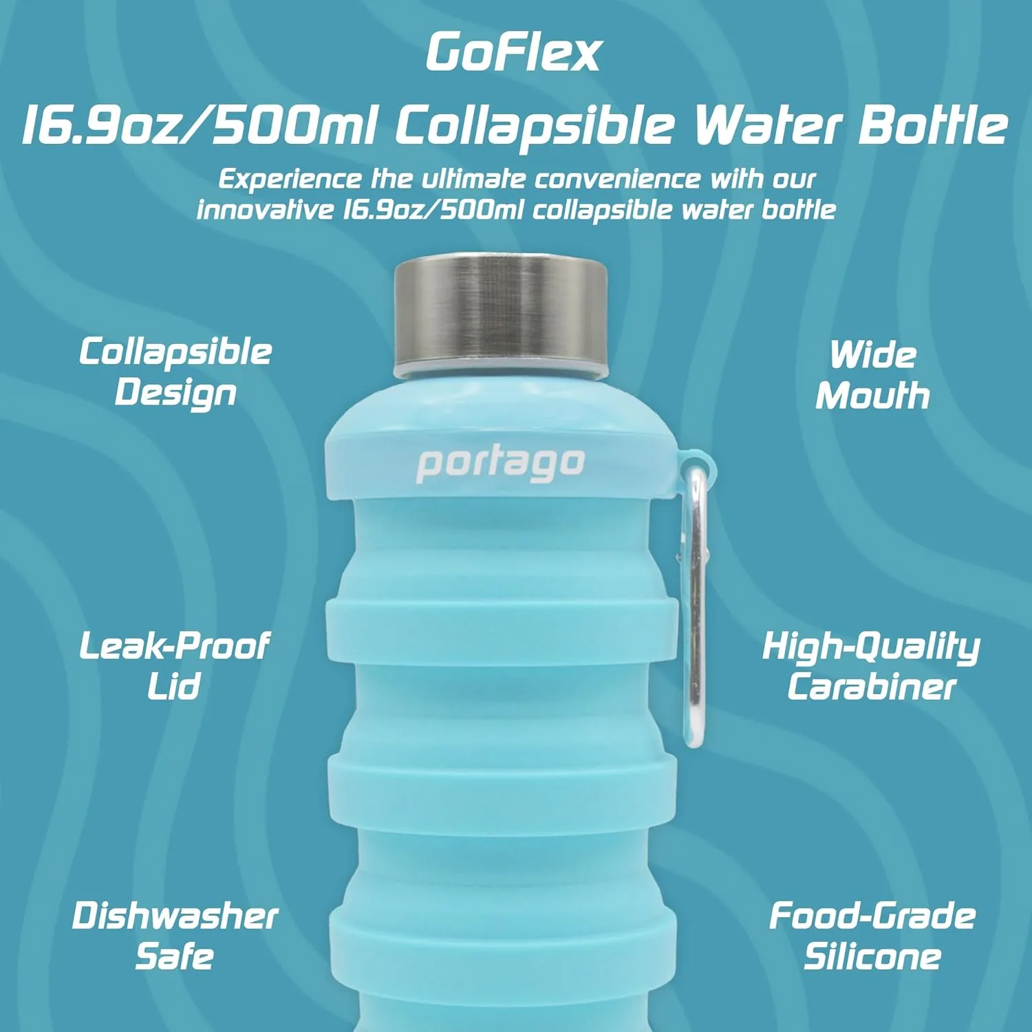 Goflex | 17 oz/500 ml, Collapsible Water Bottle for Travel, Hiking, Camping, Sports, Gym, and Fitness, BPA Free Silicone, Flexible and Leak Resistant, Portable Carabiner (Neptune)