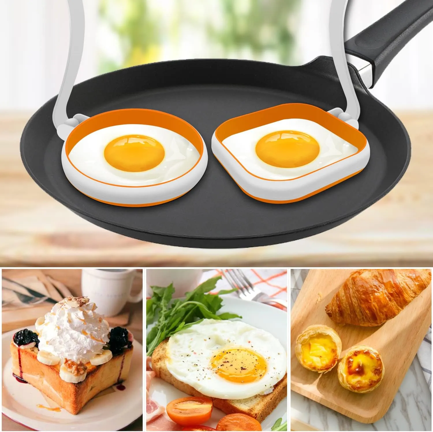 GOYLSER White Food Grade Silicone Egg Rings, 2 Pack Square Egg Rings   2 Pack Round Egg Molds for Cooking, 4 Pack Fried Egg Shapes