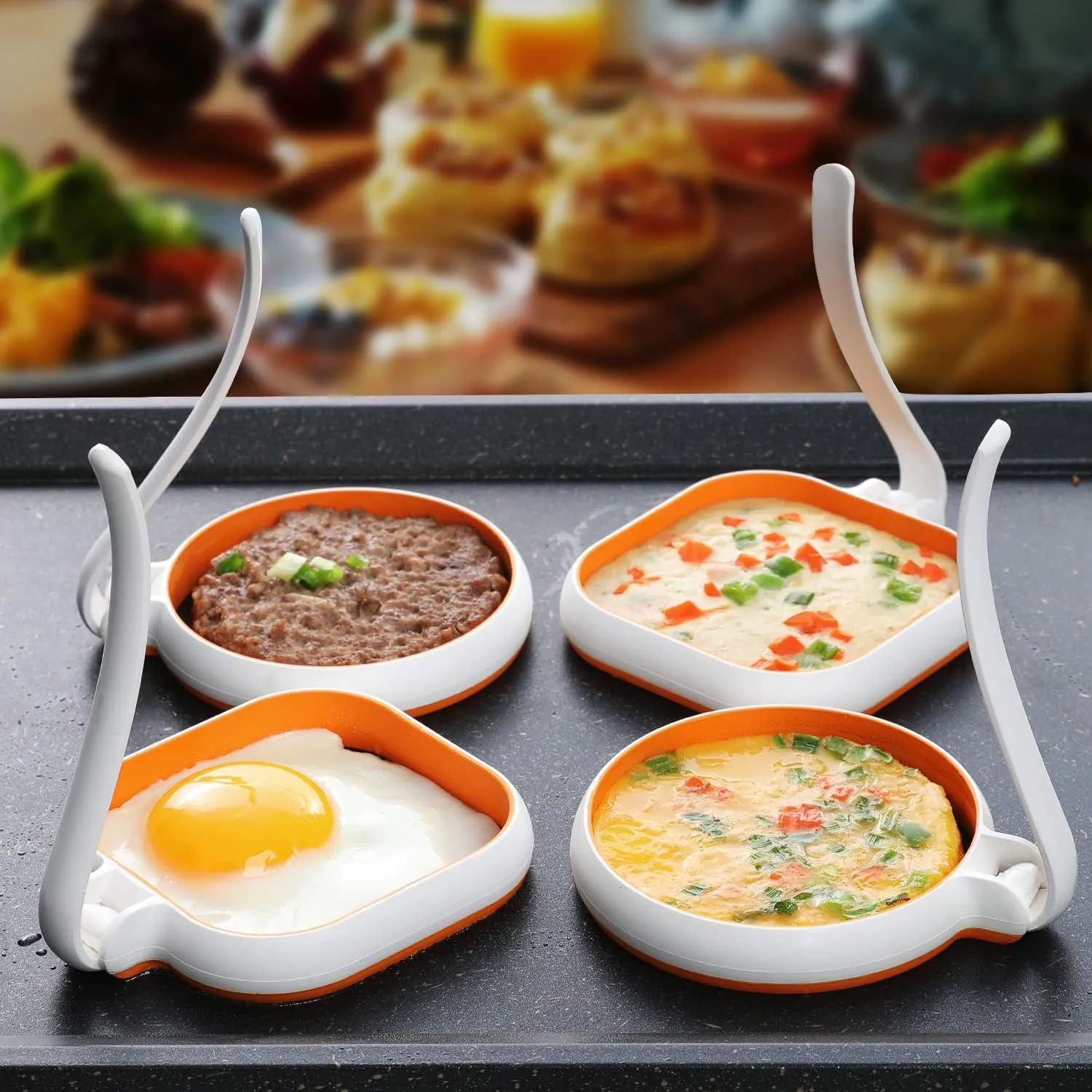 GOYLSER White Food Grade Silicone Egg Rings, 2 Pack Square Egg Rings   2 Pack Round Egg Molds for Cooking, 4 Pack Fried Egg Shapes