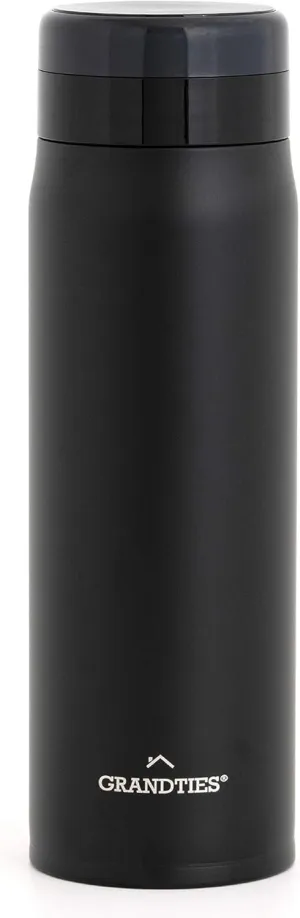 GrandTies Lightweight Travel Water Bottle with Strainer- 20oz Vacuum Insulated Water Bottles for Men & Women, Double Walled Metal Canteen, Keep Your Favorite Beverages Hot or Cold (Black)