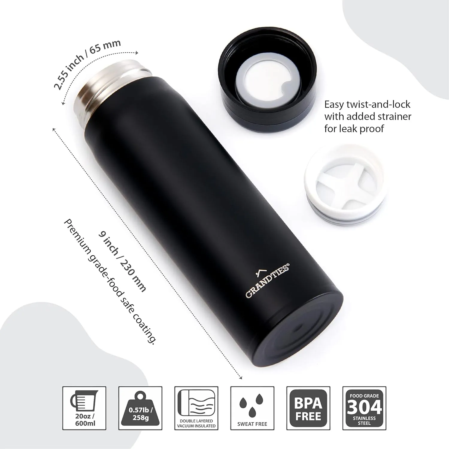 GrandTies Lightweight Travel Water Bottle with Strainer- 20oz Vacuum Insulated Water Bottles for Men & Women, Double Walled Metal Canteen, Keep Your Favorite Beverages Hot or Cold (Black)