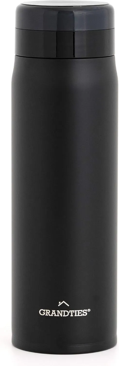 GrandTies Lightweight Travel Water Bottle with Strainer- 20oz Vacuum Insulated Water Bottles for Men & Women, Double Walled Metal Canteen, Keep Your Favorite Beverages Hot or Cold (Black)
