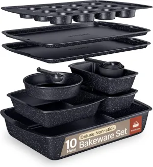 Gray Marble 10-Piece Bakeware Sets, Nonstick Carbon Steel Baking Sheet & Pans, Stackable Space-Saving Bakeware, Dishwasher Safe, Stain-resistant, PFOAPFOSPTFE Free, Oven Safe Up To 450°F (230°C)
