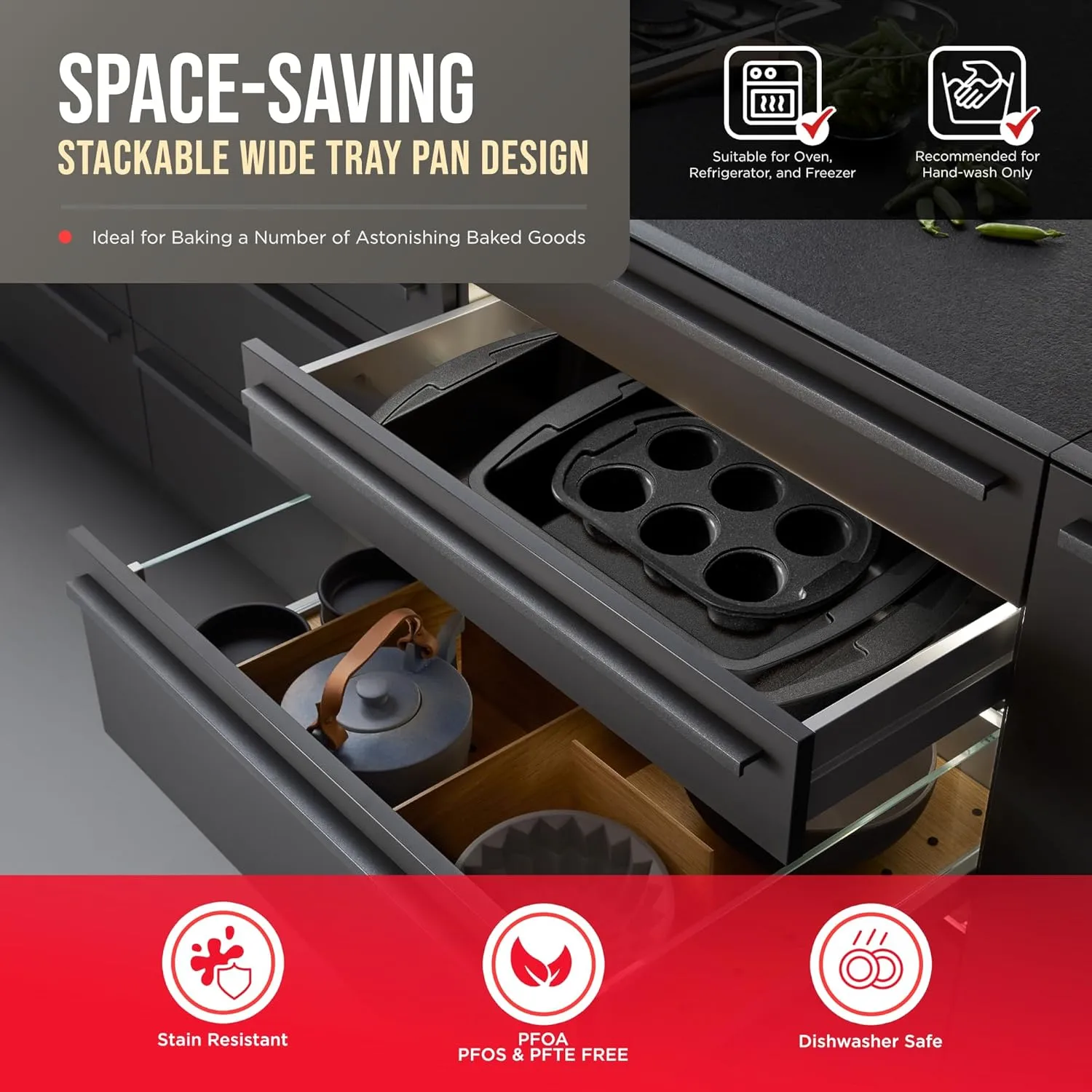 Gray Marble 10-Piece Bakeware Sets, Nonstick Carbon Steel Baking Sheet & Pans, Stackable Space-Saving Bakeware, Dishwasher Safe, Stain-resistant, PFOAPFOSPTFE Free, Oven Safe Up To 450°F (230°C)