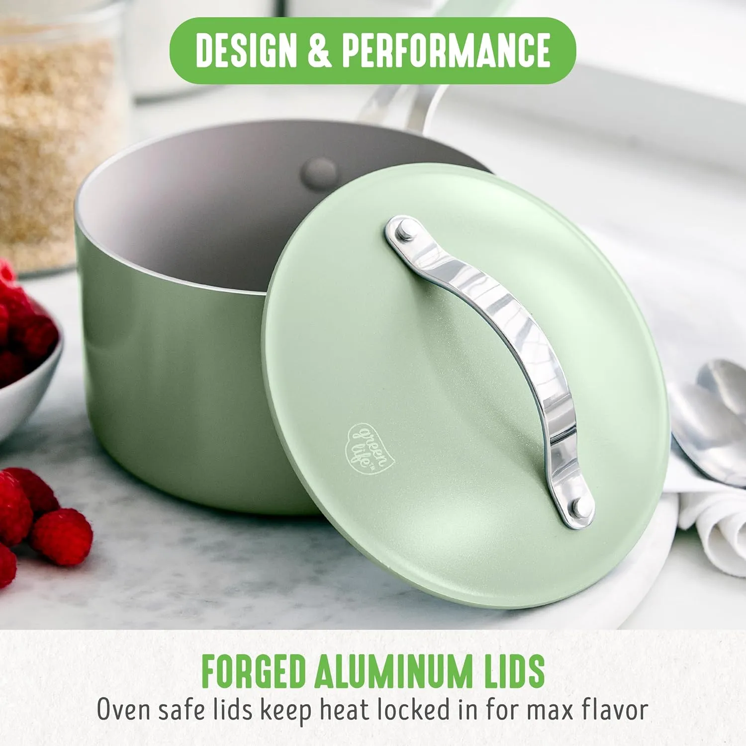 GreenLife 2-Quart Ceramic Nonstick Saucepan with Lid,Dishwasher & Oven Safe, Silicone Stay-Cool Handles, PFAS-Free Ceramic Coated Pots with Lids, Healthy Kitchen Cooking Set, Dream Sage Green
