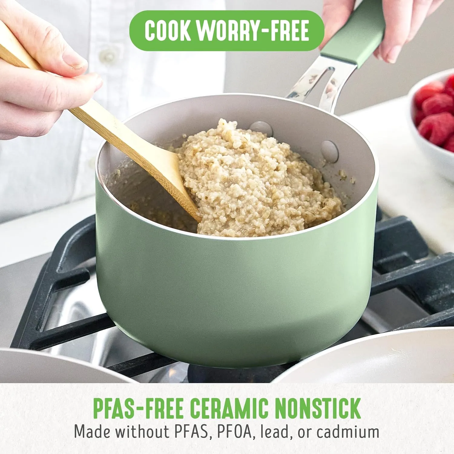 GreenLife 2-Quart Ceramic Nonstick Saucepan with Lid,Dishwasher & Oven Safe, Silicone Stay-Cool Handles, PFAS-Free Ceramic Coated Pots with Lids, Healthy Kitchen Cooking Set, Dream Sage Green