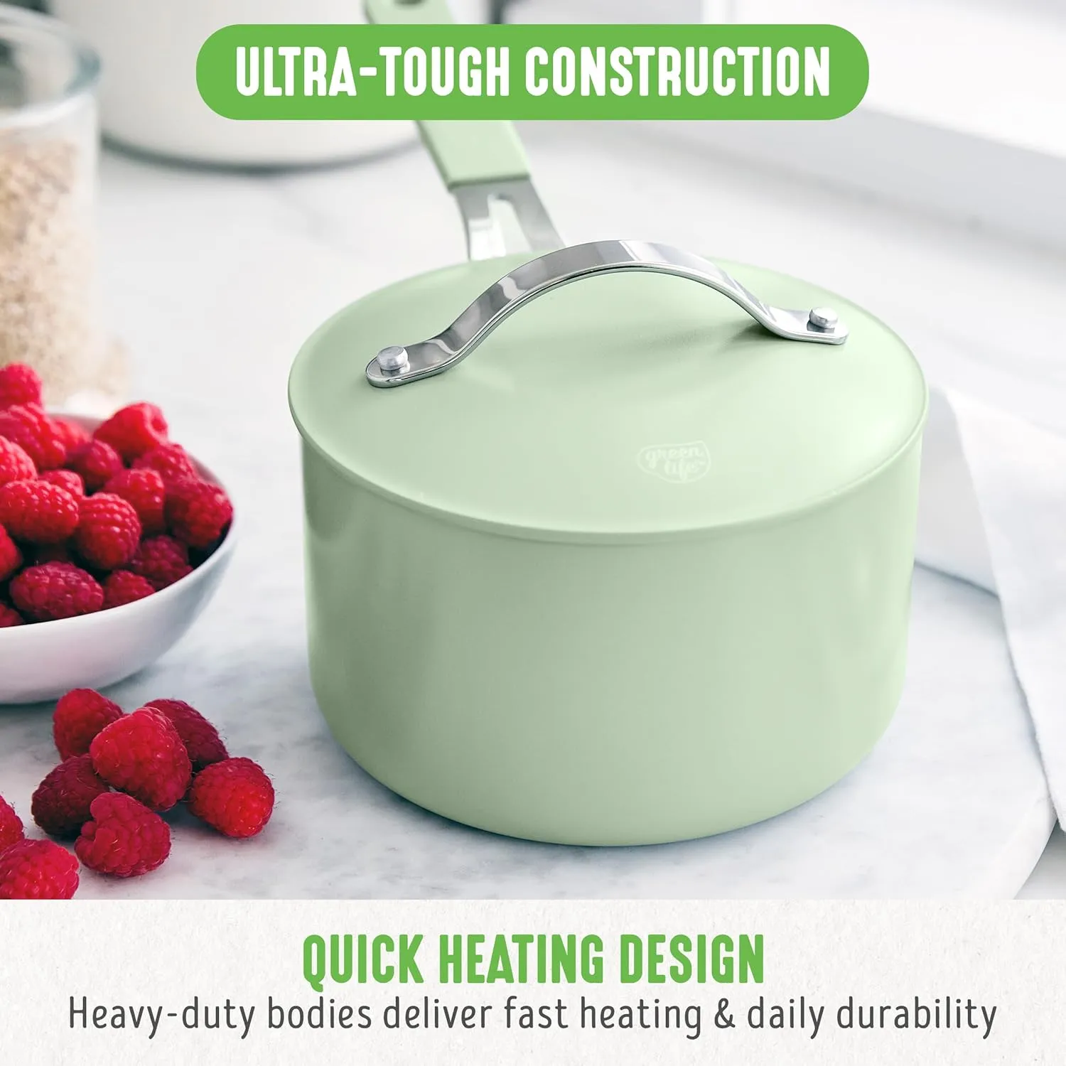 GreenLife 2-Quart Ceramic Nonstick Saucepan with Lid,Dishwasher & Oven Safe, Silicone Stay-Cool Handles, PFAS-Free Ceramic Coated Pots with Lids, Healthy Kitchen Cooking Set, Dream Sage Green