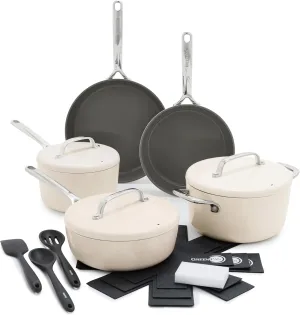 GreenPan GP5 Hard Anodized Healthy Ceramic Nonstick 14 Piece Cookware Pots and Pans Set,Heavy Gauge Scratch Resistant,Stay-Flat Surface, Induction, Mirror Finish Handle,Oven Safe,PFAS-Free,Cream