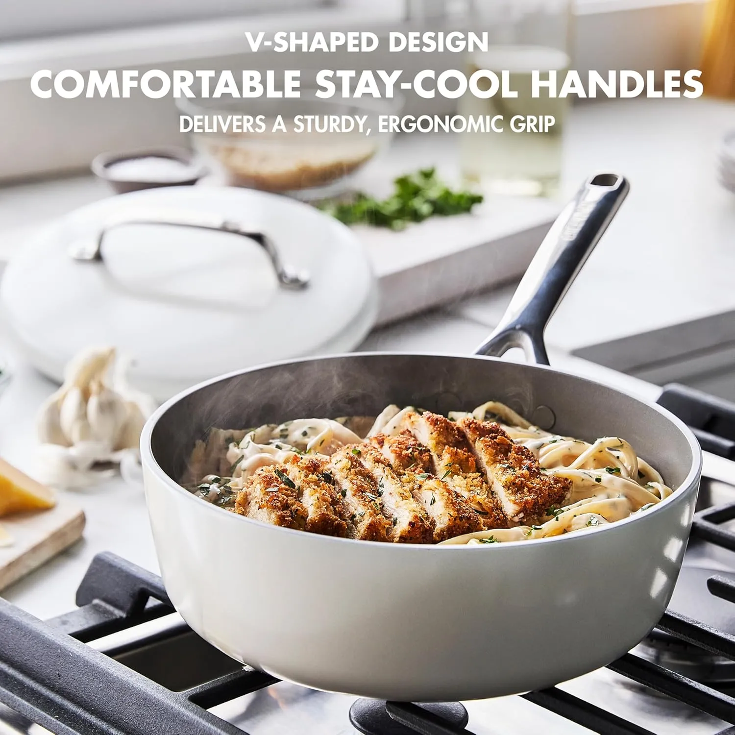 GreenPan GP5 Hard Anodized Healthy Ceramic Nonstick 14 Piece Cookware Pots and Pans Set,Heavy Gauge Scratch Resistant,Stay-Flat Surface, Induction, Mirror Finish Handle,Oven Safe,PFAS-Free,Cream